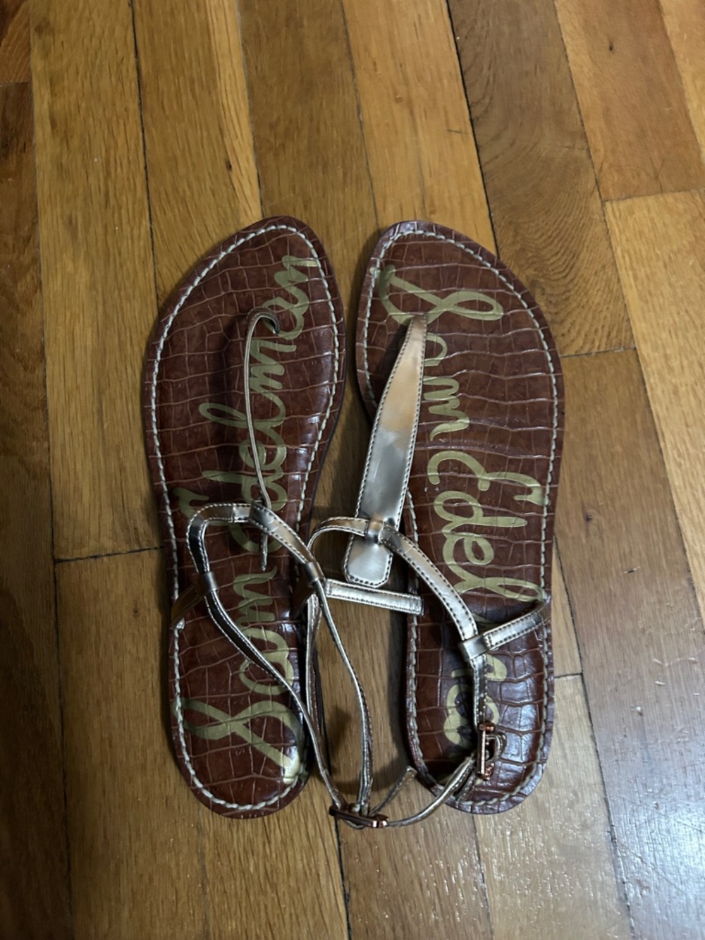 Sam Edelman Bronze Metallic T-Strap Sandals with Croc-Embossed Footbed